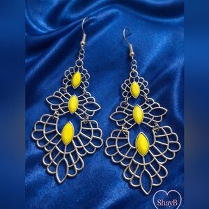 Yellow and Silver Flower Chandelier Earrings